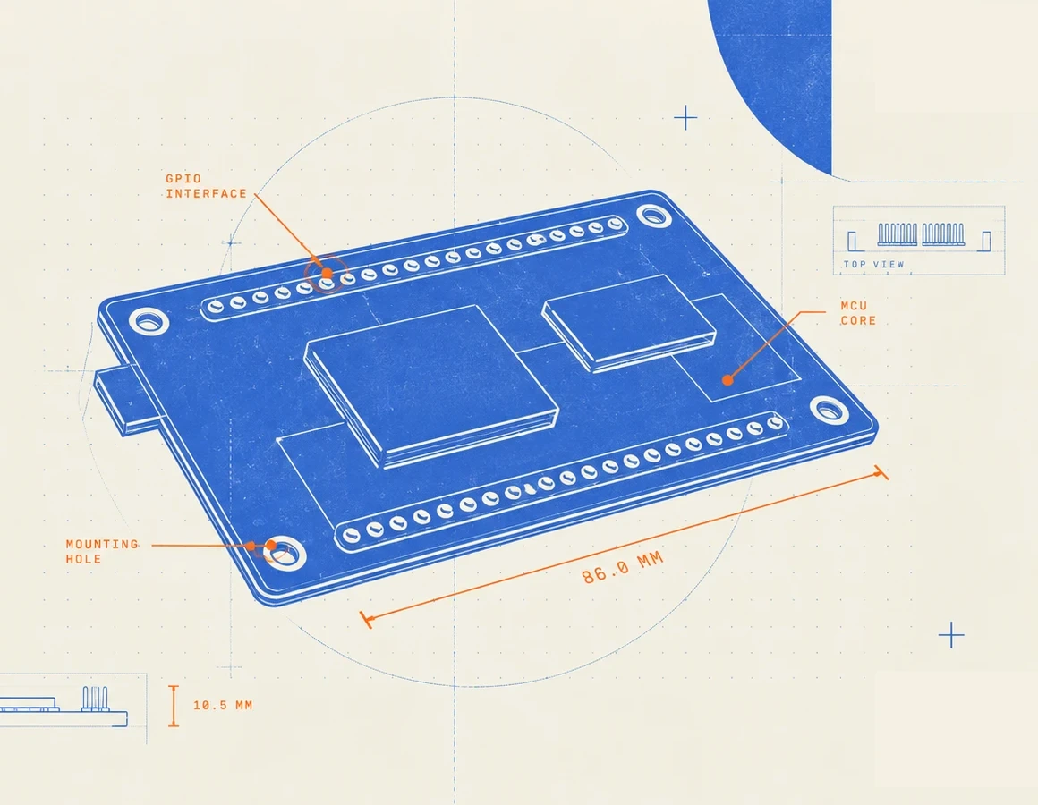 Isometric blueprint drawing of a development board, annotated with its GPIO interface, mounting holes, MCU core and an 86 mm overall dimension